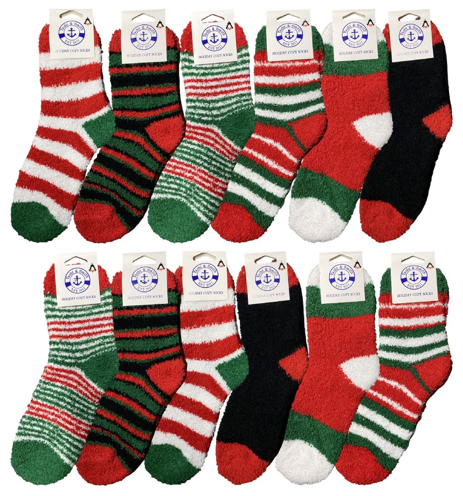 12 Bulk Christmas Fuzzy Socks, Fun Colorful Festive, Holiday Theme Socks Womens Size 9-11 - at 