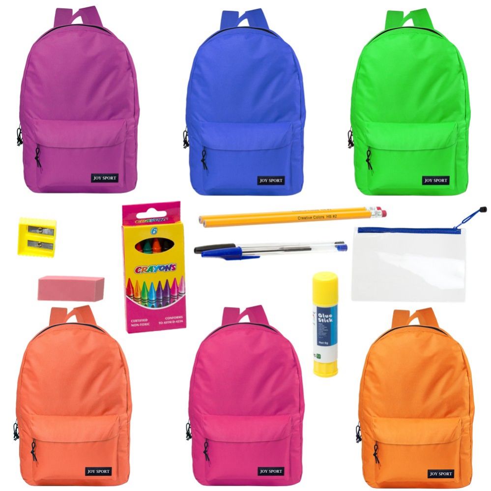 24 Bulk 17" Backpacks With 12 Piece School Supply Kit In 6 Assorted