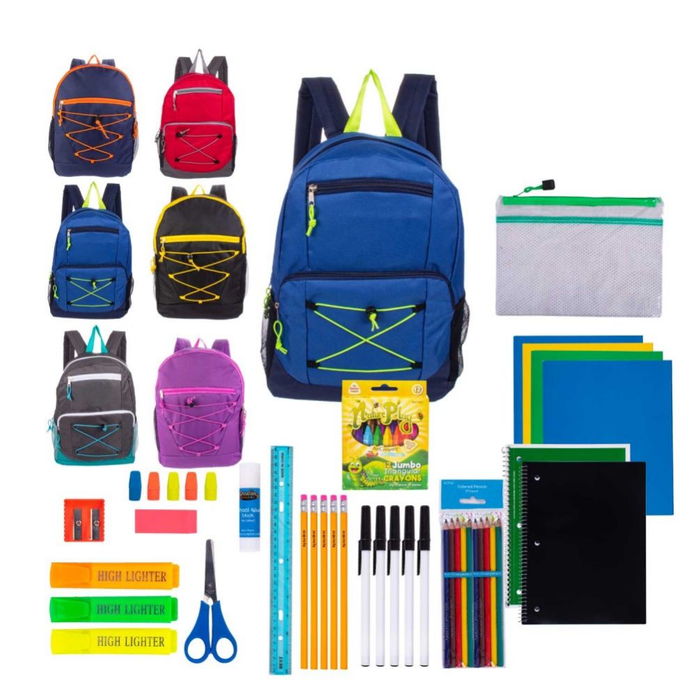 18 Bulk 17" Assorted Bulk Backpacks With 52 Piece School Supply Kits