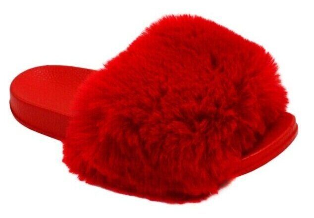 12 Bulk Women s Fuzzy Faux Fur Cozy Flat Spa Slide Slippers Comfy Open Toe Slip On House Shoes In Red