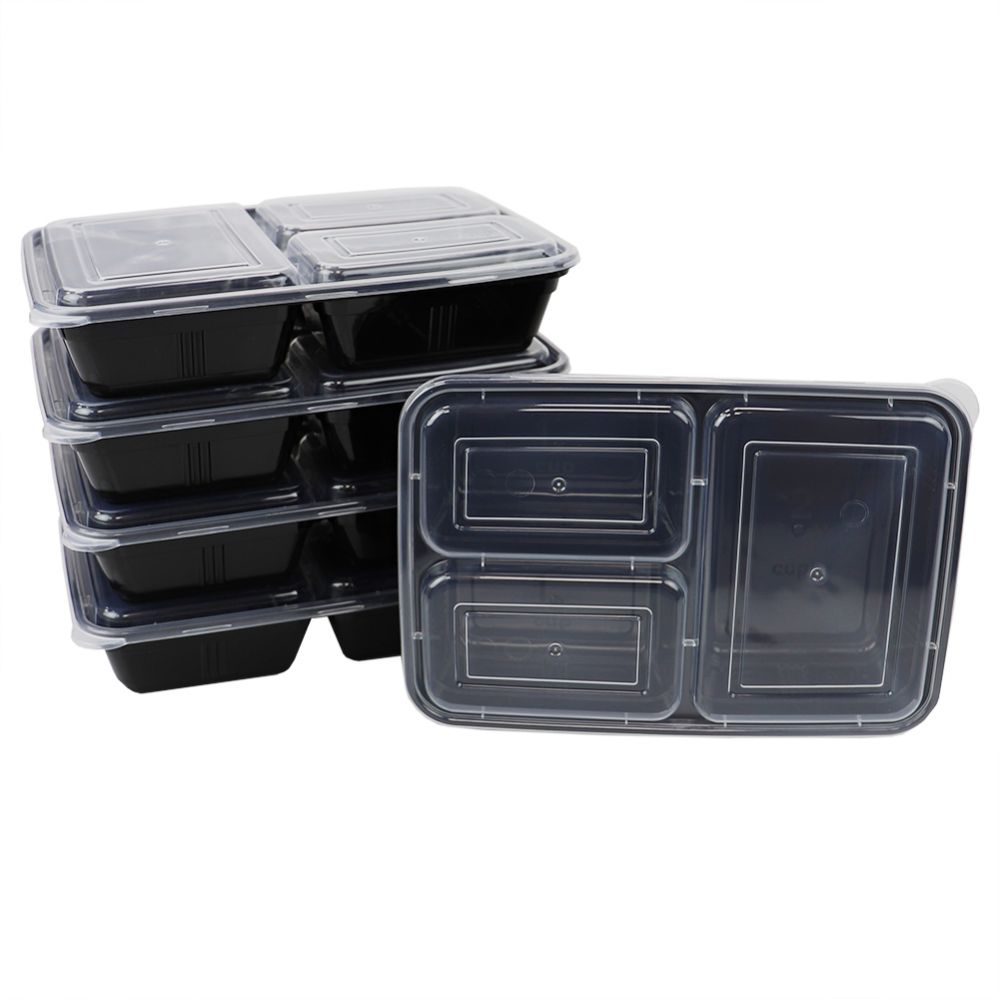 12 Bulk Home Basic 10 Piece 3 Compartment BpA-Free Plastic Meal Prep  Containers, Black